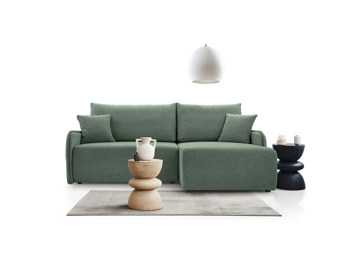 Canapé d'angle convertible 3 places en tissu chenille vert clair
