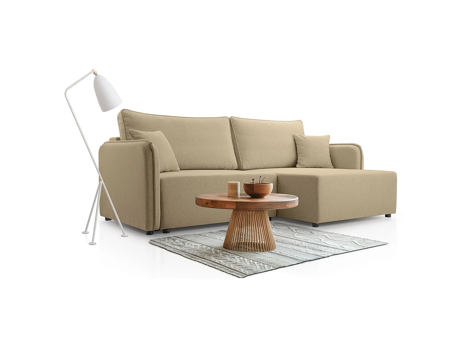 Canapé d'angle convertible 3 places en tissu beige KASSIAN