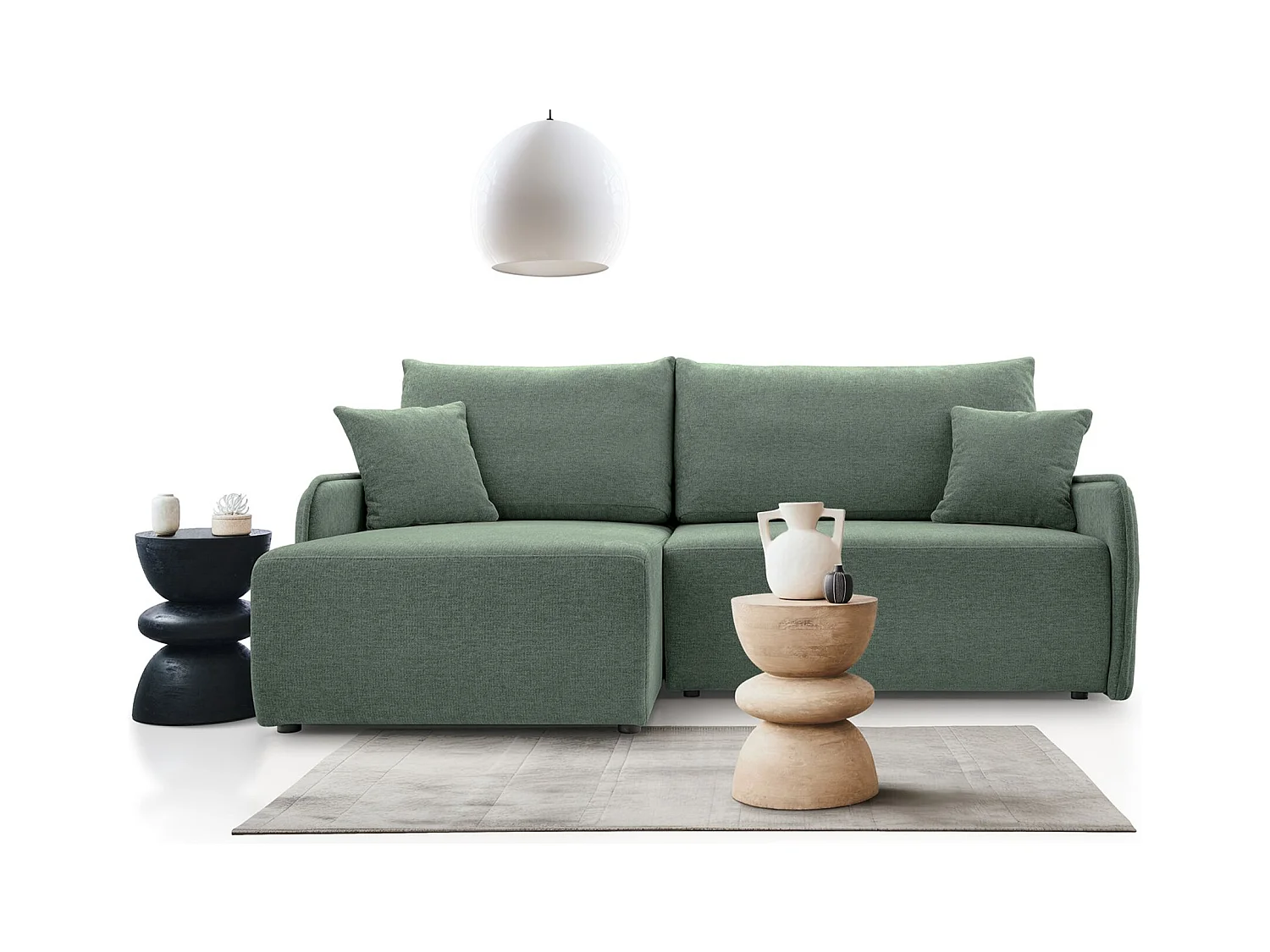 Hoekbank met ombouw – saliegroene chenillestof – linkerzijde – NETARRO