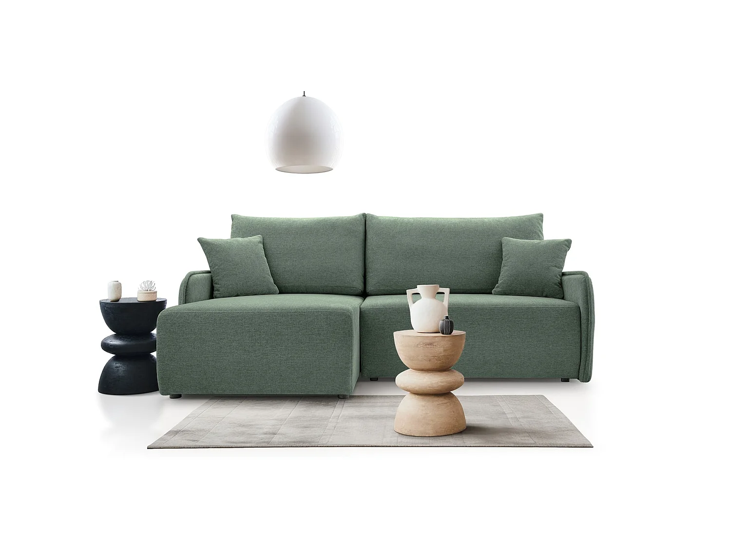 Canapé d'angle convertible 3 places en tissu chenille vert clair