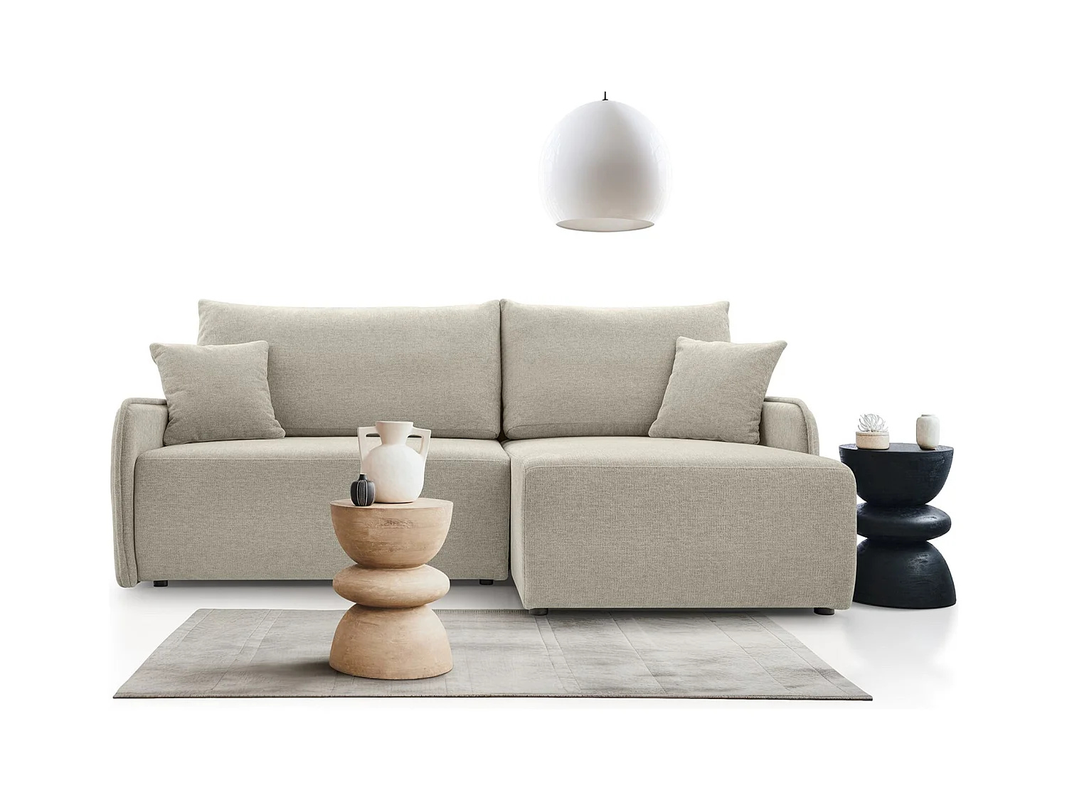 Canapé d'angle convertible – en tissu chenille beige – côté droit – NETARRO