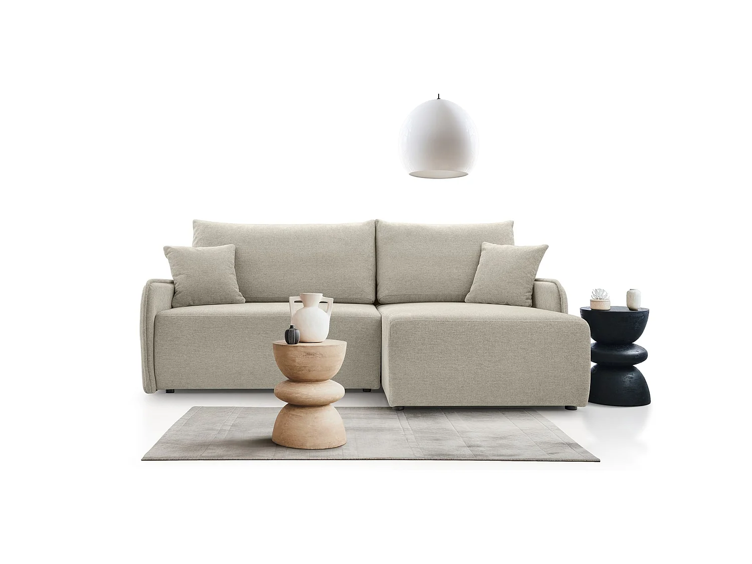 Canapé d'angle convertible 3 places en tissu chenille beige