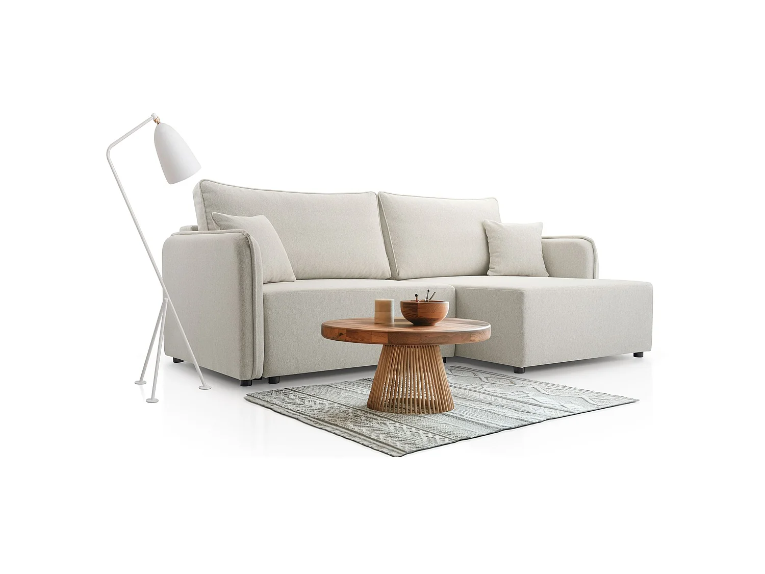 Canapé d'angle convertible 3 places en tissu crème KASSIAN