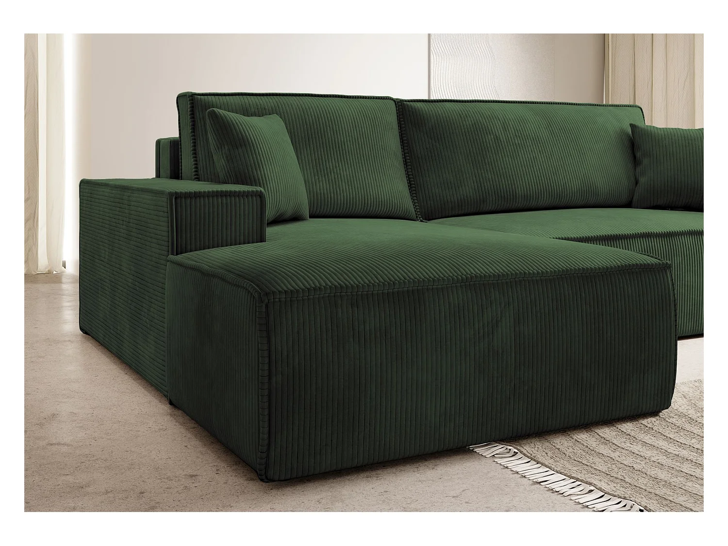 Canapé d'angle en forme de L avec fonction de couchage -en velours côtelé - vert - côté gauche - FARESE NEW