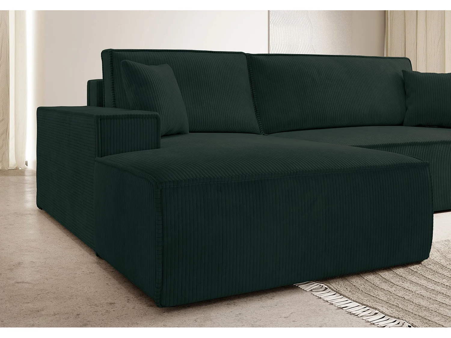 Canapé d'angle en forme de L avec fonction de couchage -en velours côtelé - vert - côté gauche - FARESE NEW