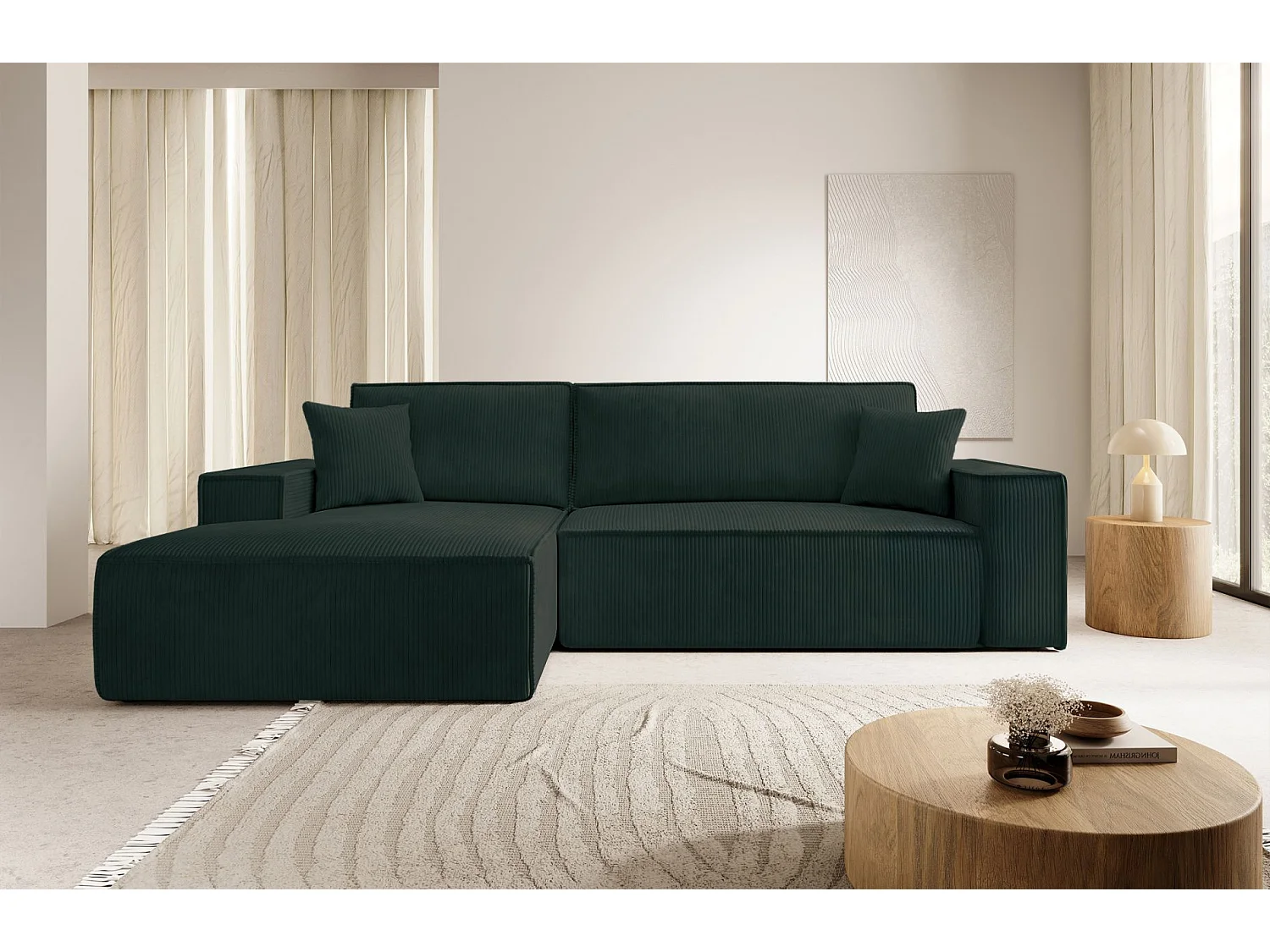 Canapé d'angle en forme de L avec fonction de couchage -en velours côtelé - vert - côté gauche - FARESE NEW