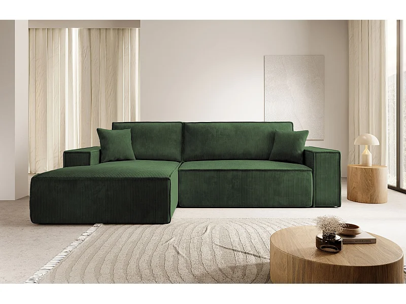 Canapé d'angle en forme de L avec fonction de couchage -en velours côtelé - vert - côté gauche - FARESE NEW