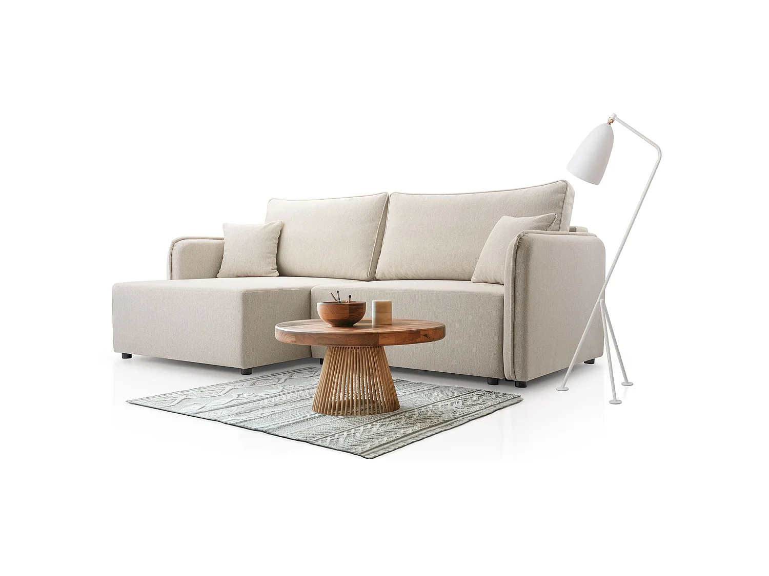 Canapé d'angle convertible 3 places en tissu beige KASSIAN