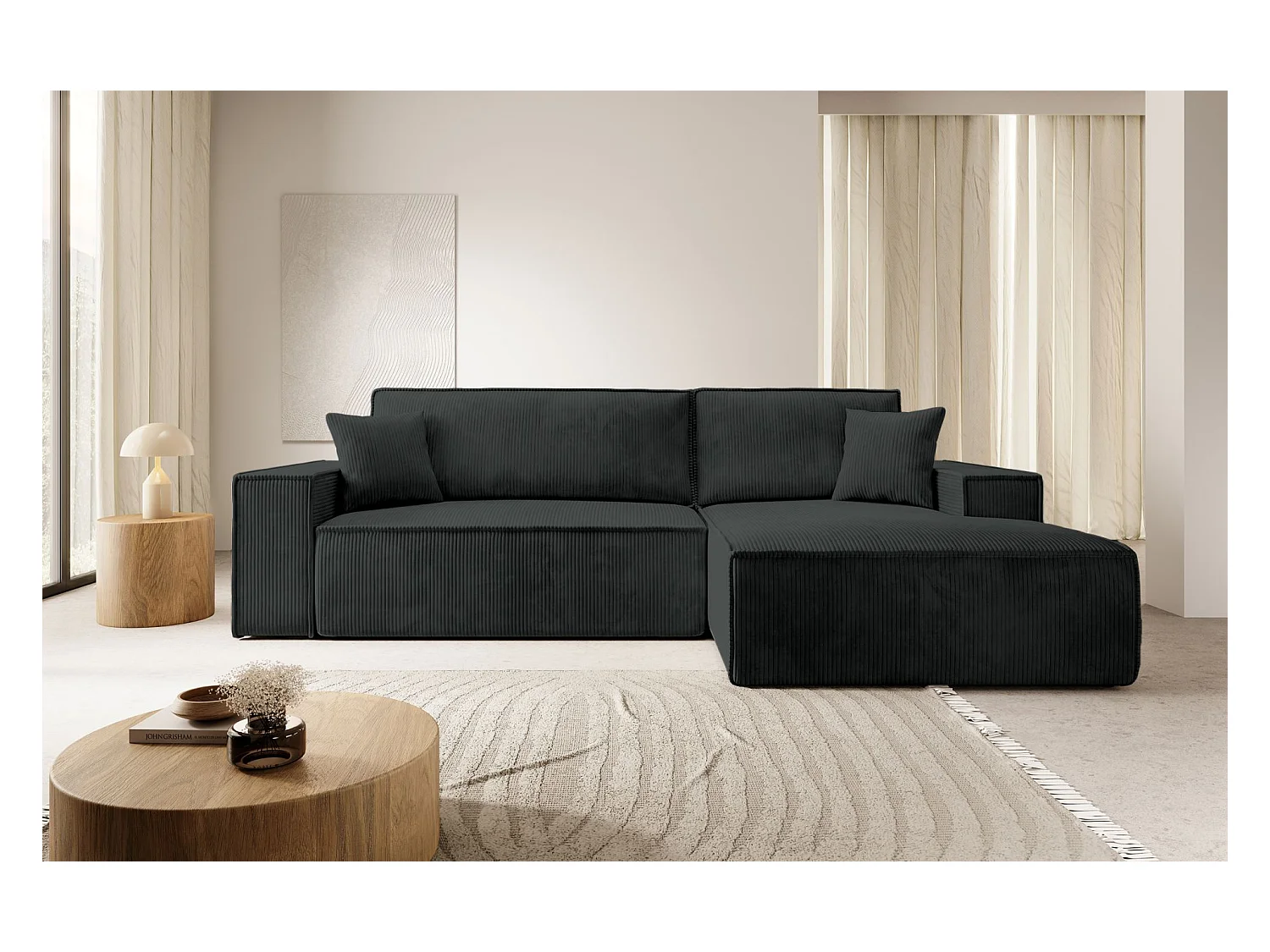 Canapé d'angle en forme de L avec fonction de couchage - en velours côtelé - noir- côté droit- FARESE NEW