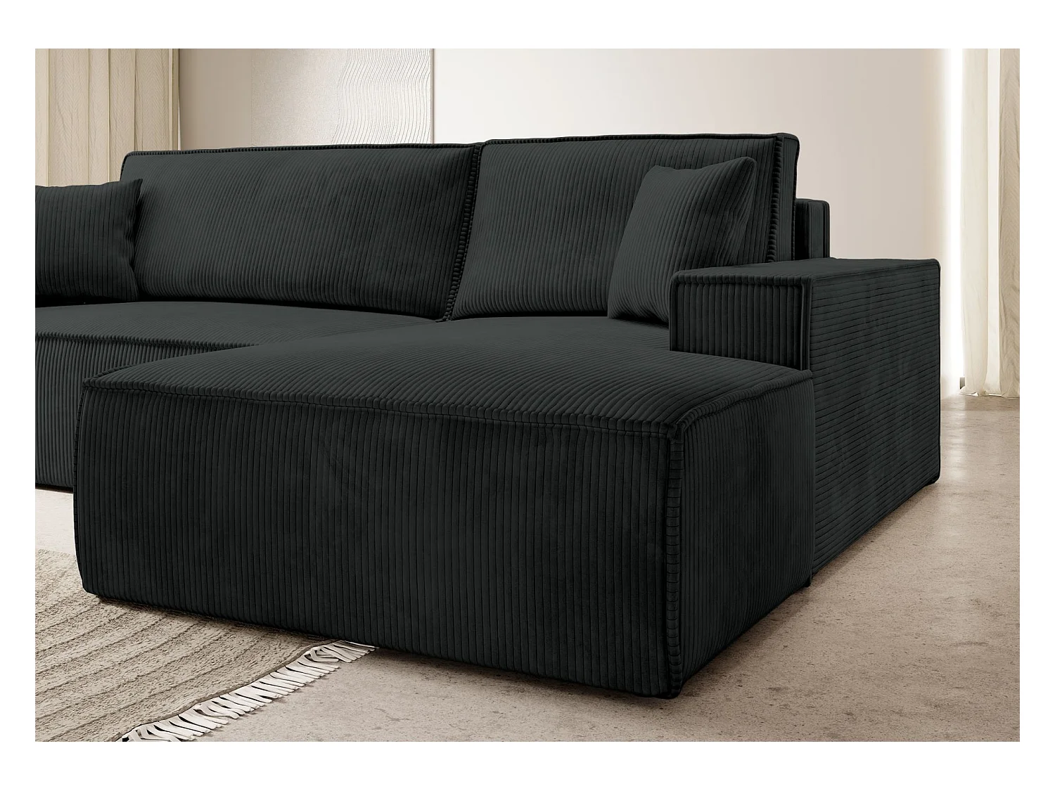 Canapé d'angle en forme de L avec fonction de couchage - en velours côtelé - noir- côté droit- FARESE NEW