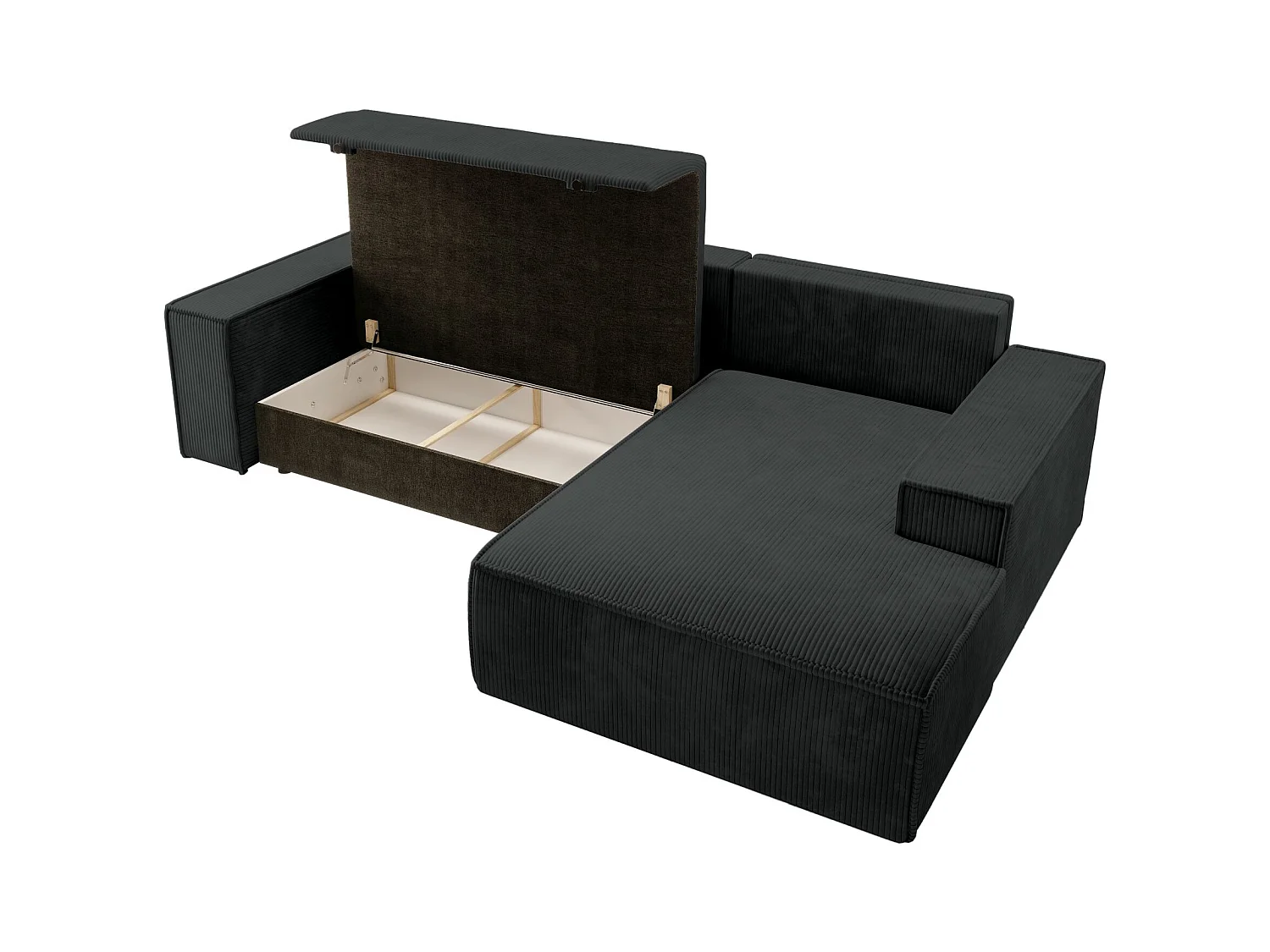 Canapé d'angle en forme de L avec fonction de couchage - en velours côtelé - noir- côté droit- FARESE NEW