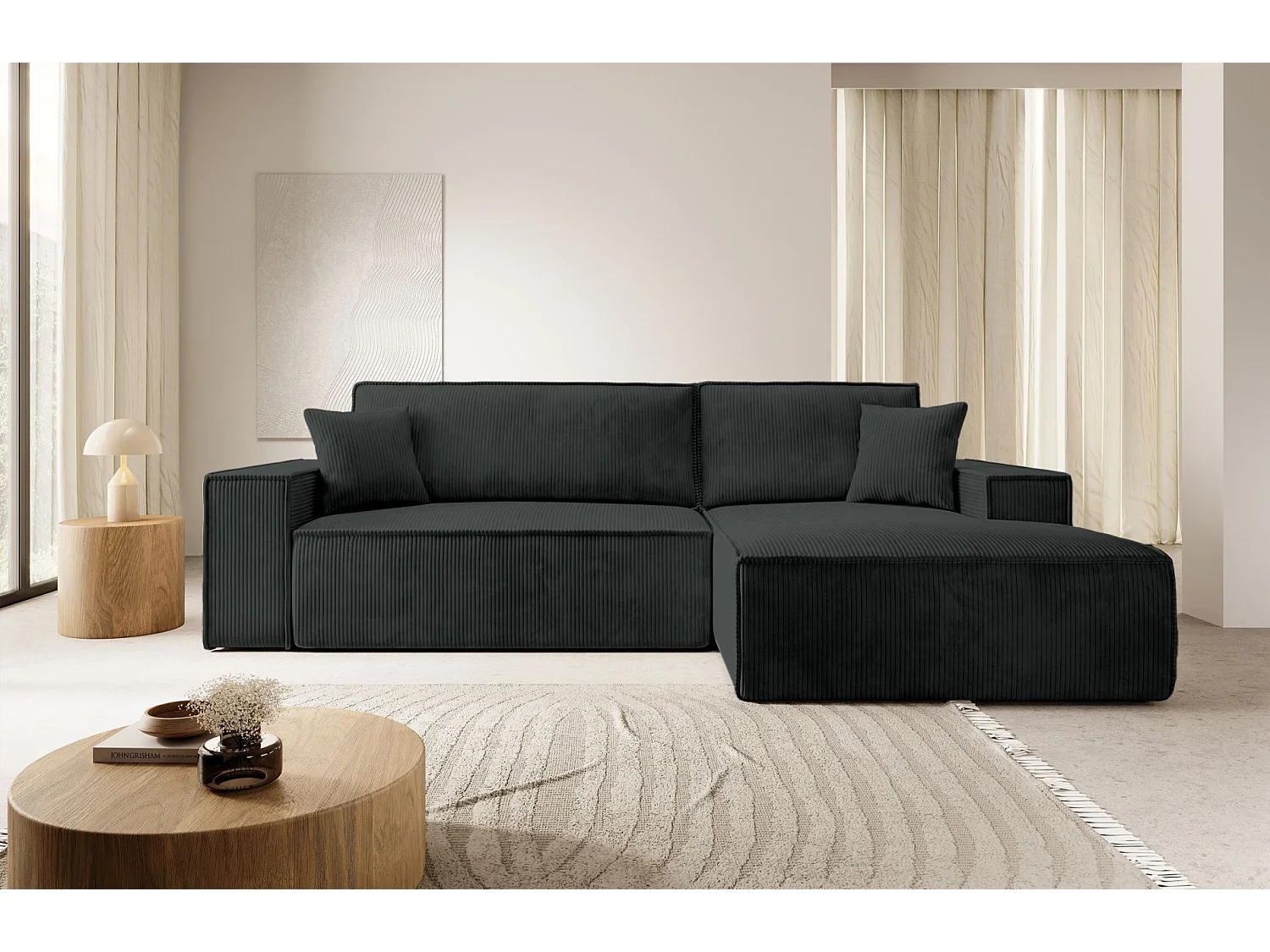 Canapé d'angle en forme de L avec fonction de couchage - en velours côtelé - noir- côté droit- FARESE NEW
