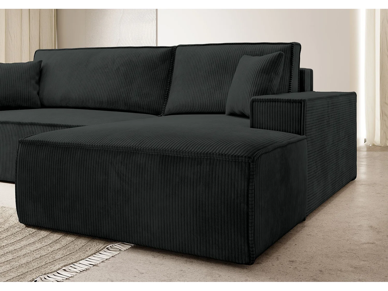 Canapé d'angle en forme de L avec fonction de couchage - en velours côtelé - noir- côté droit- FARESE NEW