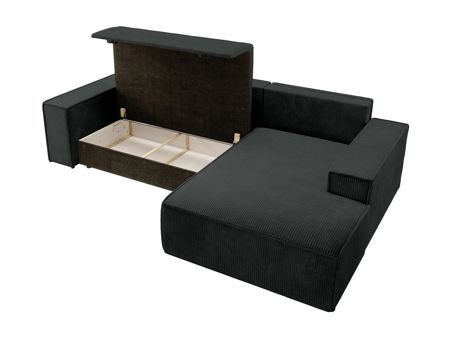 Canapé d'angle en forme de L avec fonction de couchage - en velours côtelé - noir- côté droit- FARESE NEW