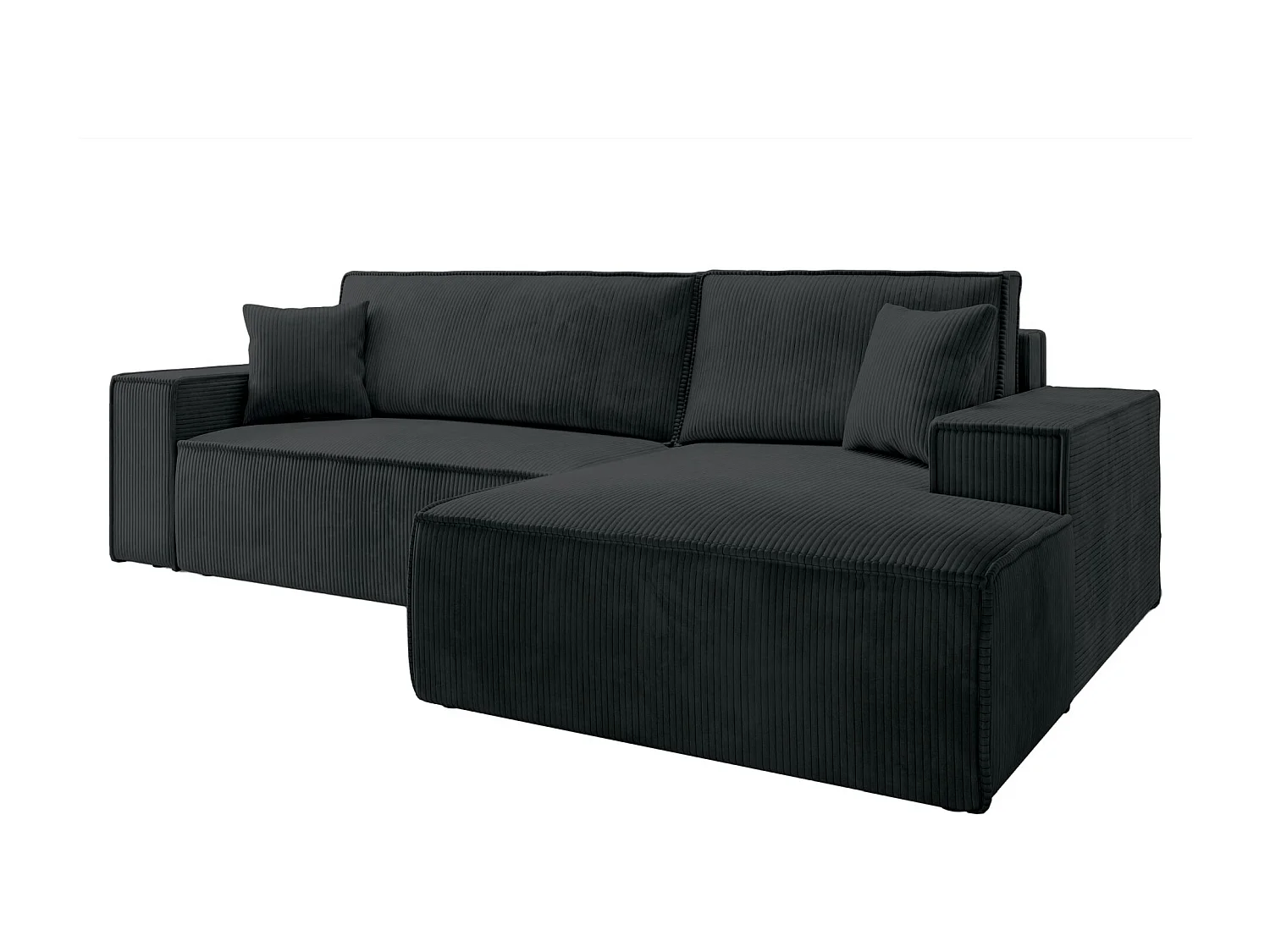 Canapé d'angle en forme de L avec fonction de couchage - en velours côtelé - noir- côté droit- FARESE NEW