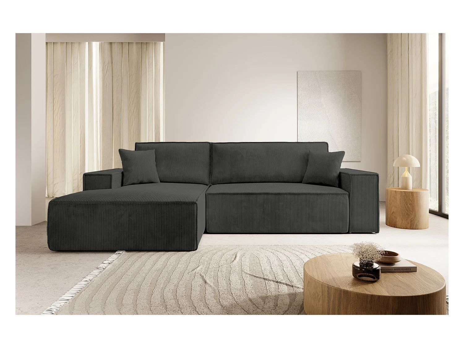 Canapé d'angle en forme de L avec fonction de couchage - en velours côtelé - gris foncé- côté gauche - FARESE NEW