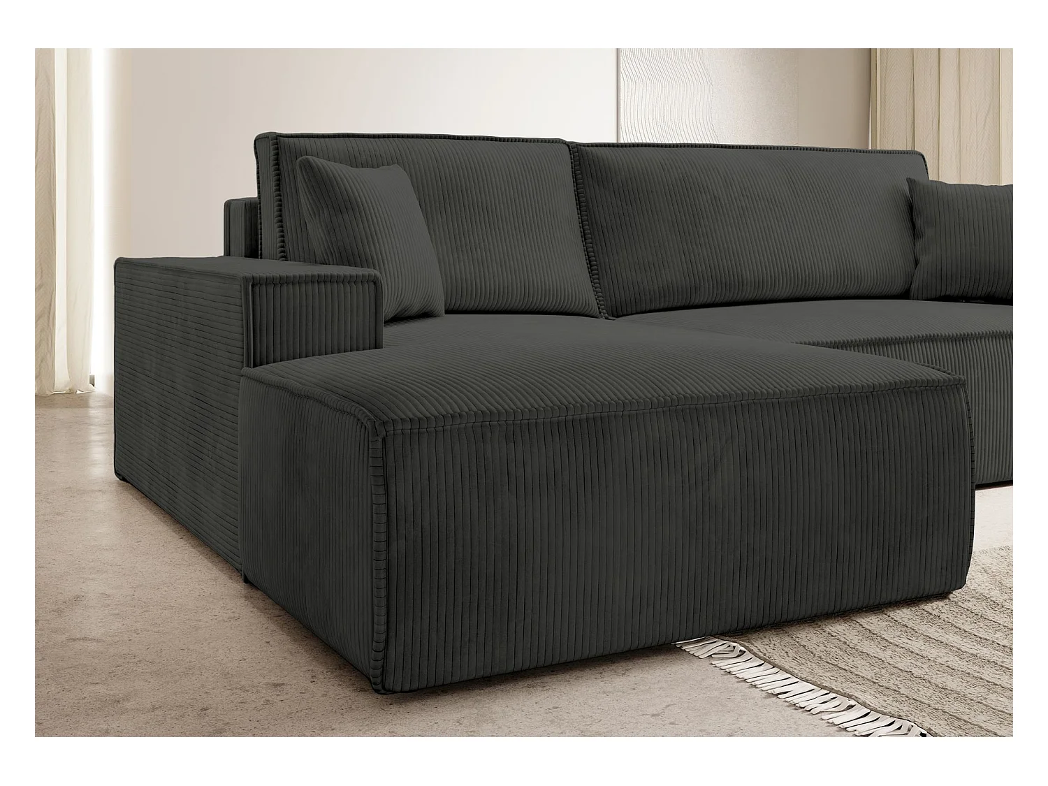 Canapé d'angle en forme de L avec fonction de couchage - en velours côtelé - gris foncé- côté gauche - FARESE NEW