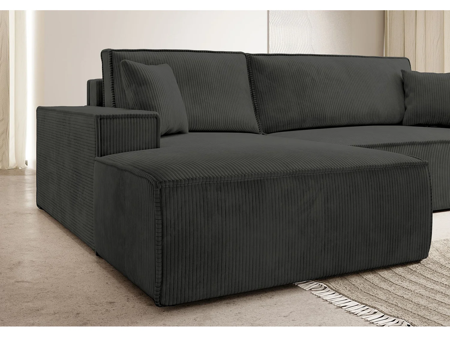 Ecksofa mit Schlaffunktion - Cord-Bezug - dunkelgrau - linksseitig - FARESE NEW