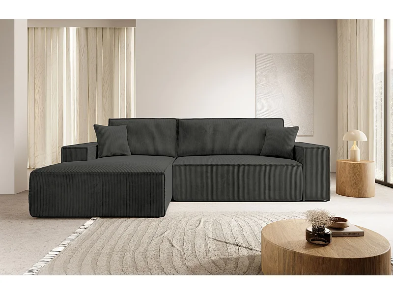 Canapé d'angle en forme de L avec fonction de couchage - en velours côtelé - gris foncé- côté gauche - FARESE NEW