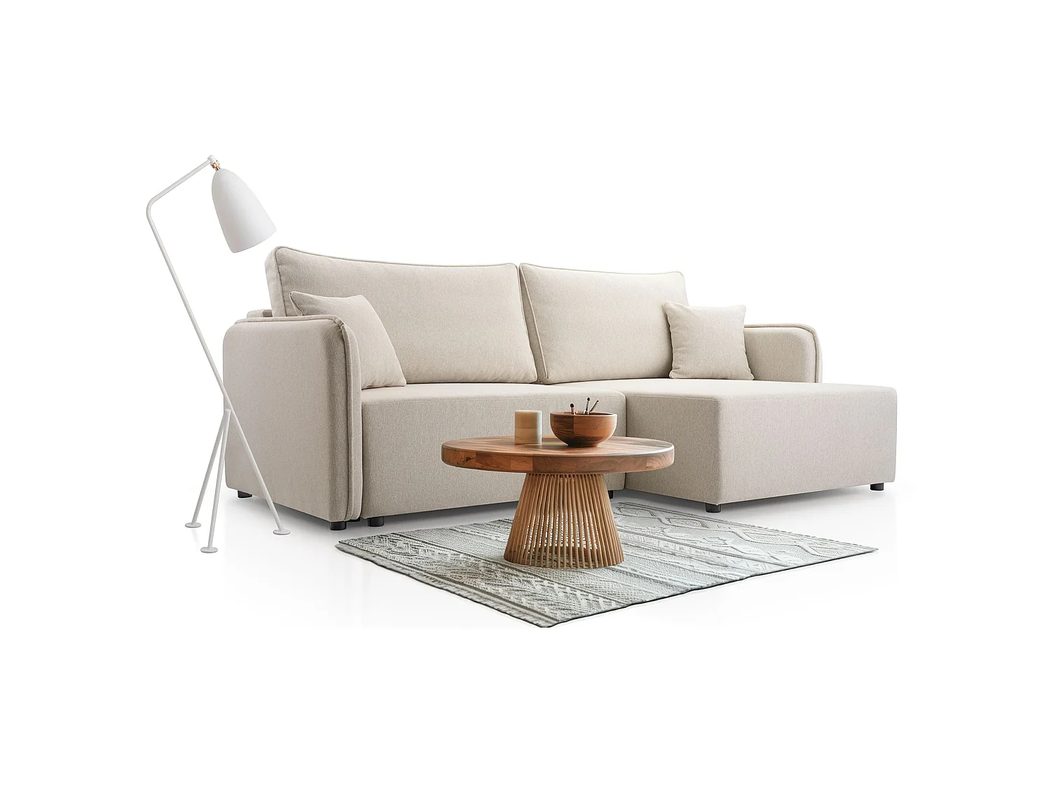 Canapé d'angle convertible 3 places en tissu beige KASSIAN