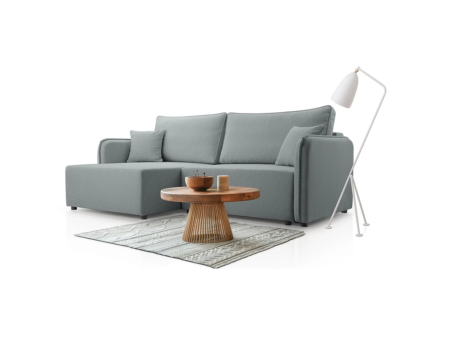 Canapé d'angle convertible 3 places en tissu gris clair KASSIAN