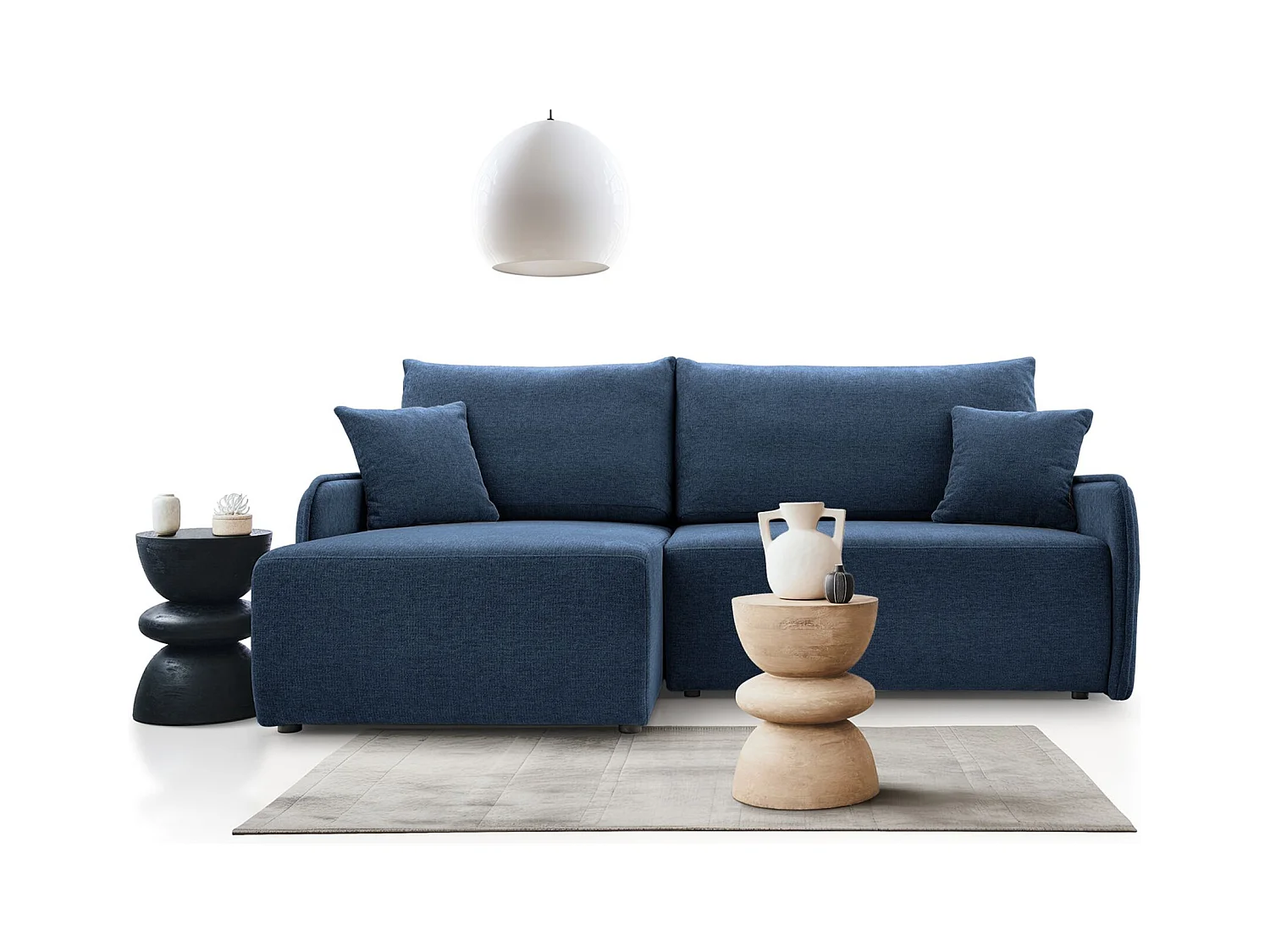 Hoekbank – in marineblauwe chenillestof – linkerzijde – NETARRO