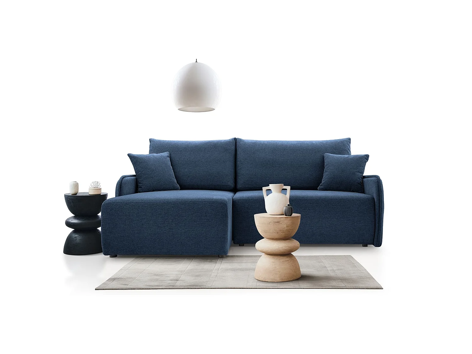 Canapé d'angle convertible 3 places en tissu chenille bleu
