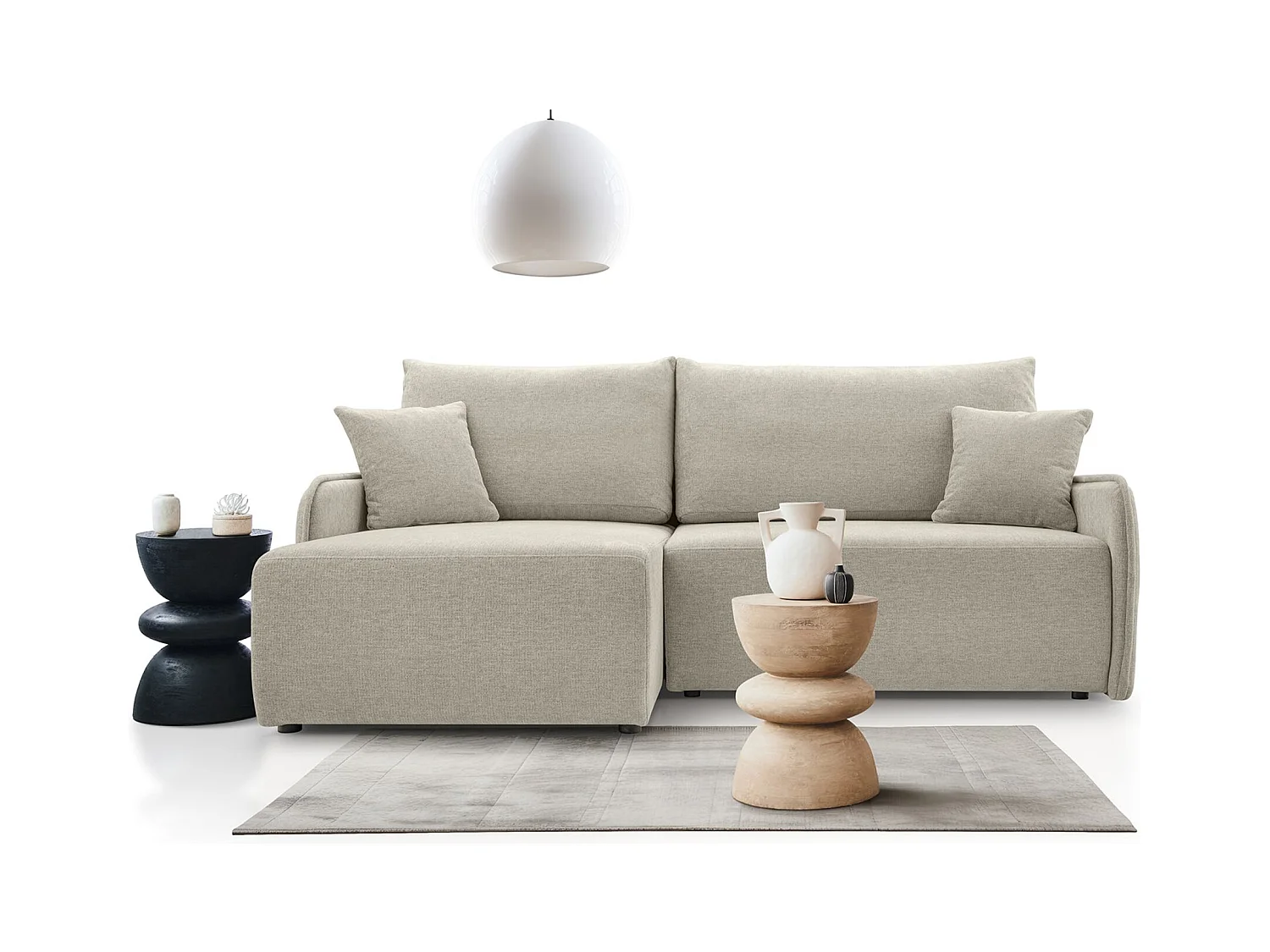 Canapé d'angle convertible – en tissu chenille beige – côté gauche – NETARRO