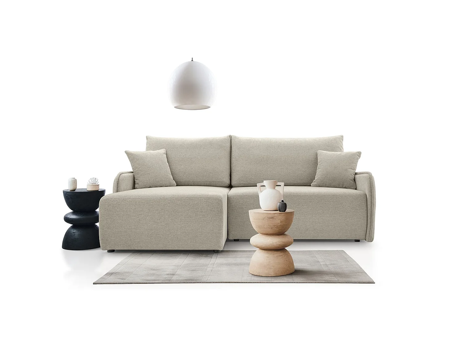 Canapé d'angle convertible 3 places en tissu chenille beige