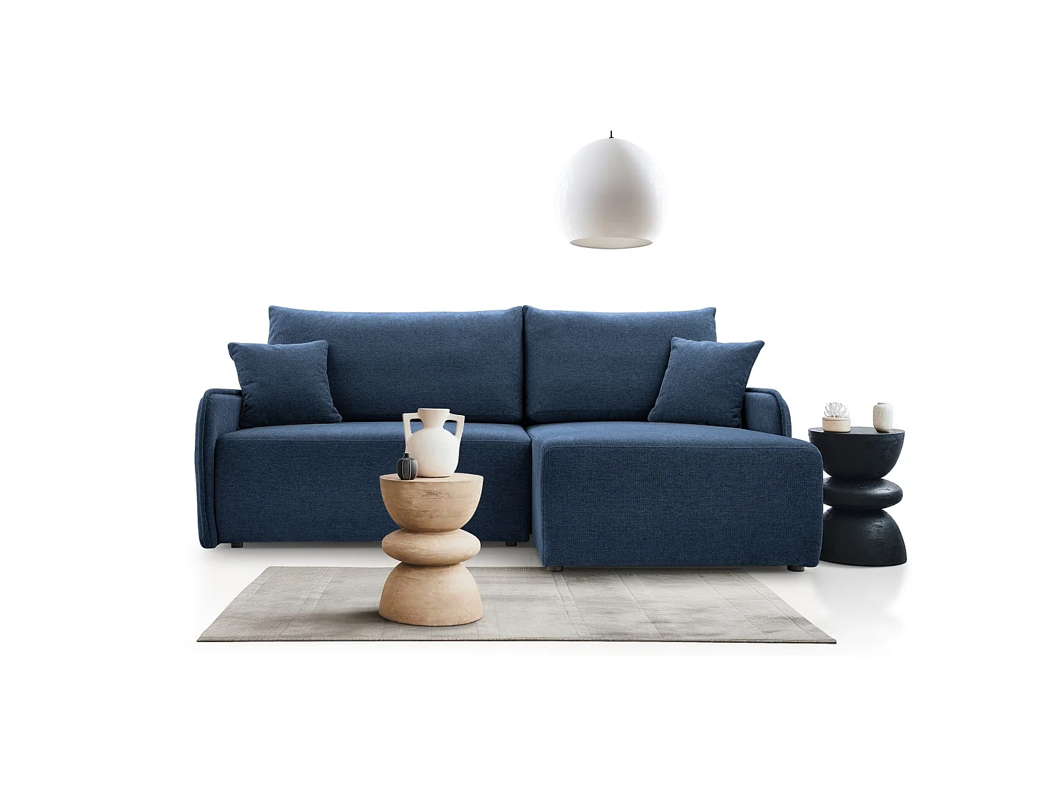 Canapé d'angle convertible 3 places en tissu chenille bleu