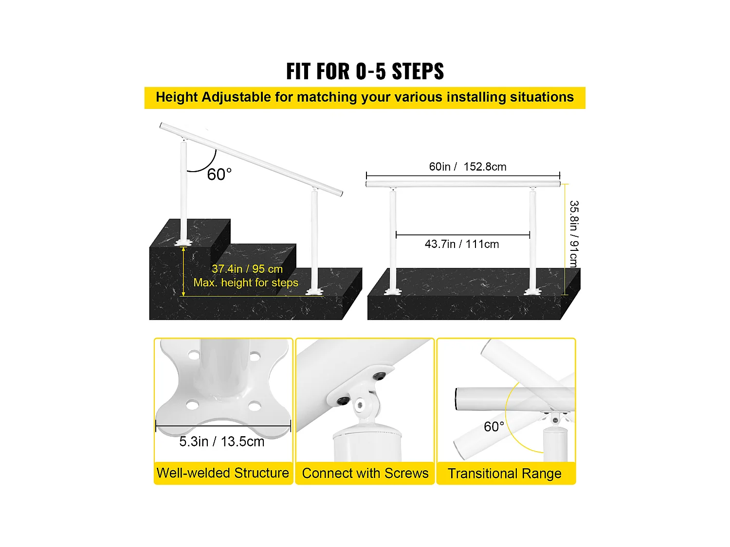 Handlauf, SucceBuy Aluminium-Handlauf für Außentreppen, Passend für 0–5 Stufen, Installationssatz