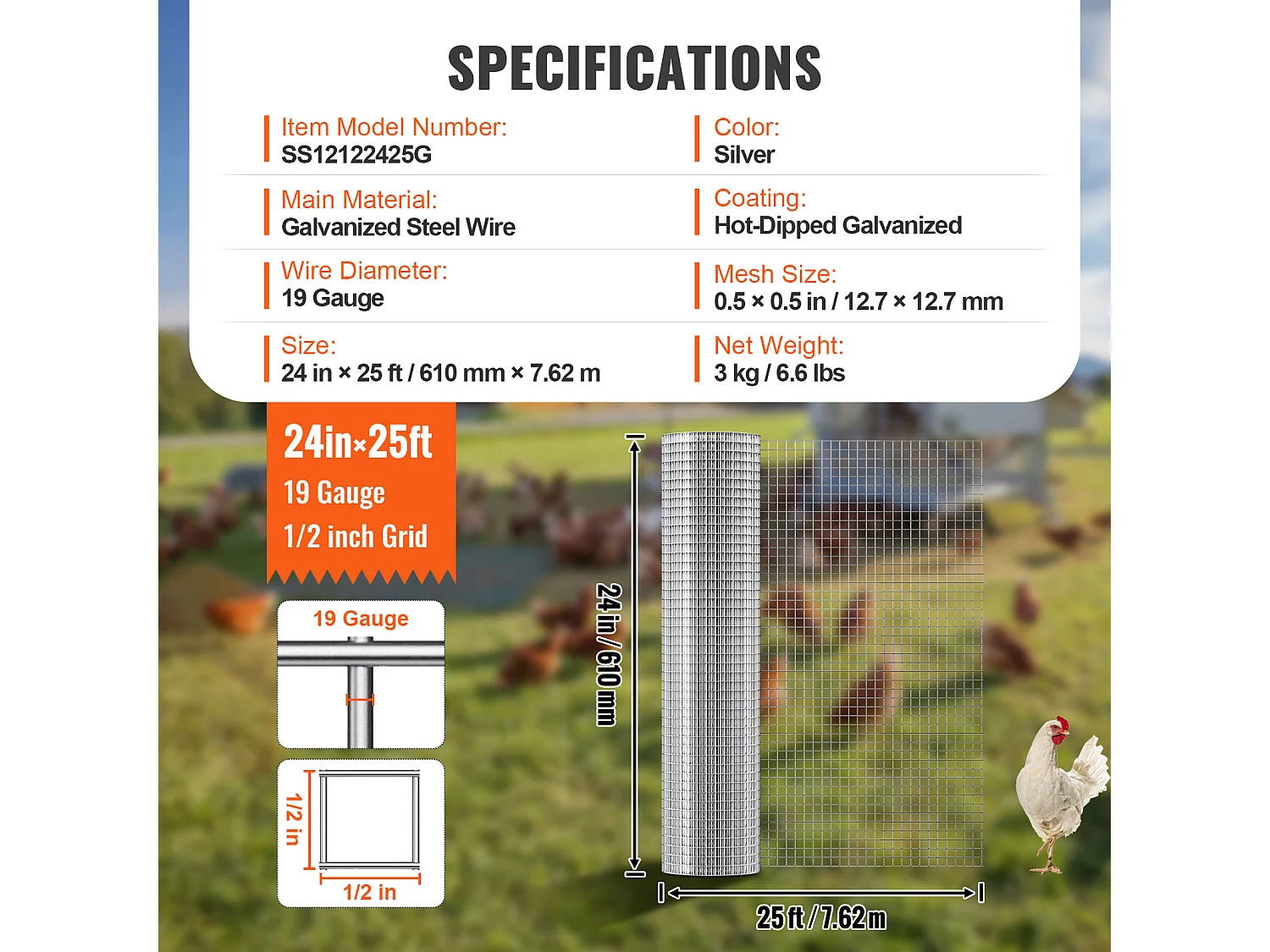 Verzinkter Drahtzaun SucceBuy Drahtgewebe 1,27 cm x 60,96 cm x 762 cm 19 Ga