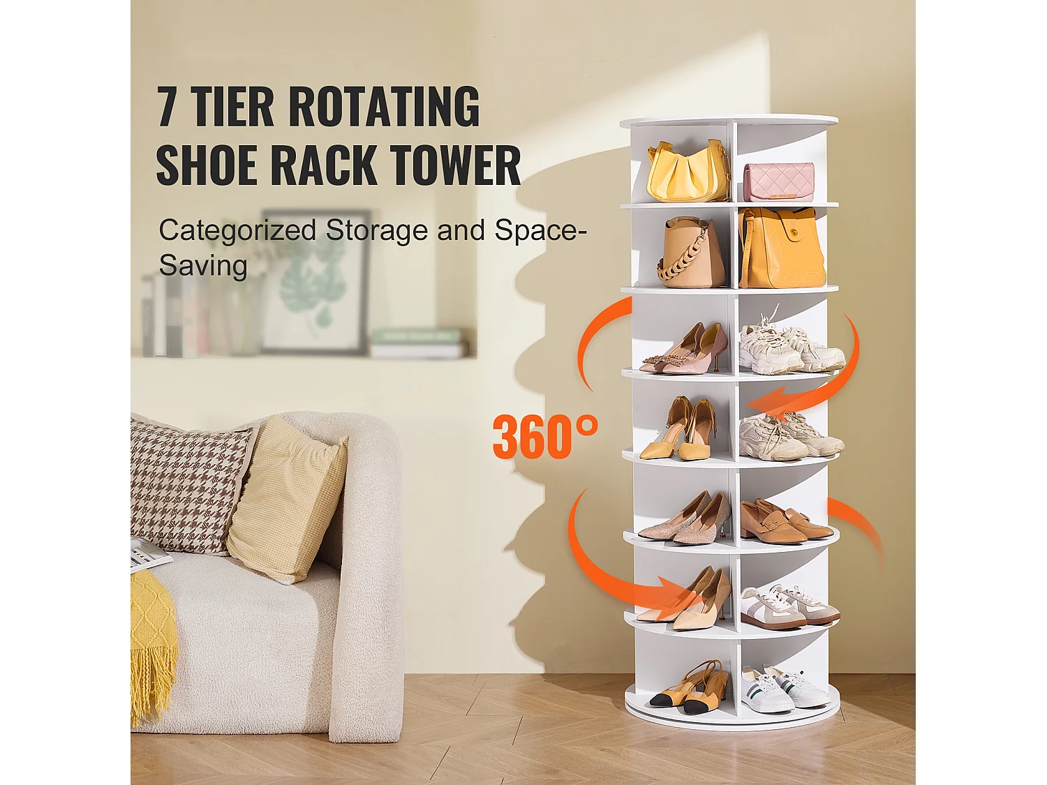 Etagère à Chaussures, SucceBuy Etagère à Chaussures Rotative à 7 Niveaux, Carrousel d'Affichage de Chaussures Blanc, Rotation à 360 °, Économiseur d'Espace