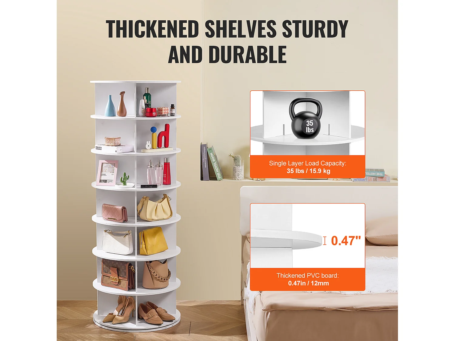 Etagère à Chaussures, SucceBuy Etagère à Chaussures Rotative à 7 Niveaux, Carrousel d'Affichage de Chaussures Blanc, Rotation à 360 °, Économiseur d'Espace