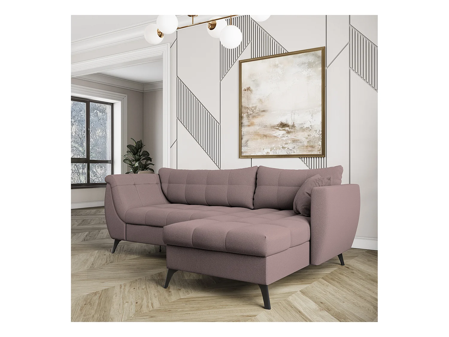 Canapé d'angle MOLLIS Rose poudré en tissu texturé avec fonction de couchage