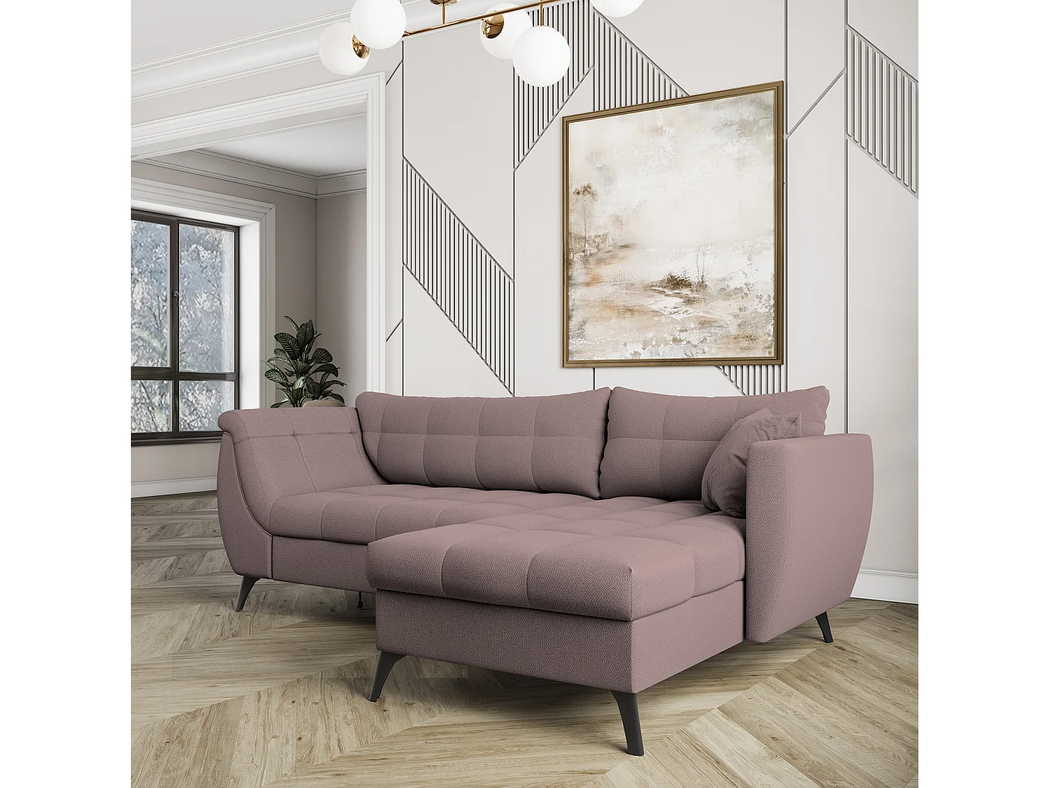 Canapé d'angle MOLLIS Rose poudré en tissu texturé avec fonction de couchage