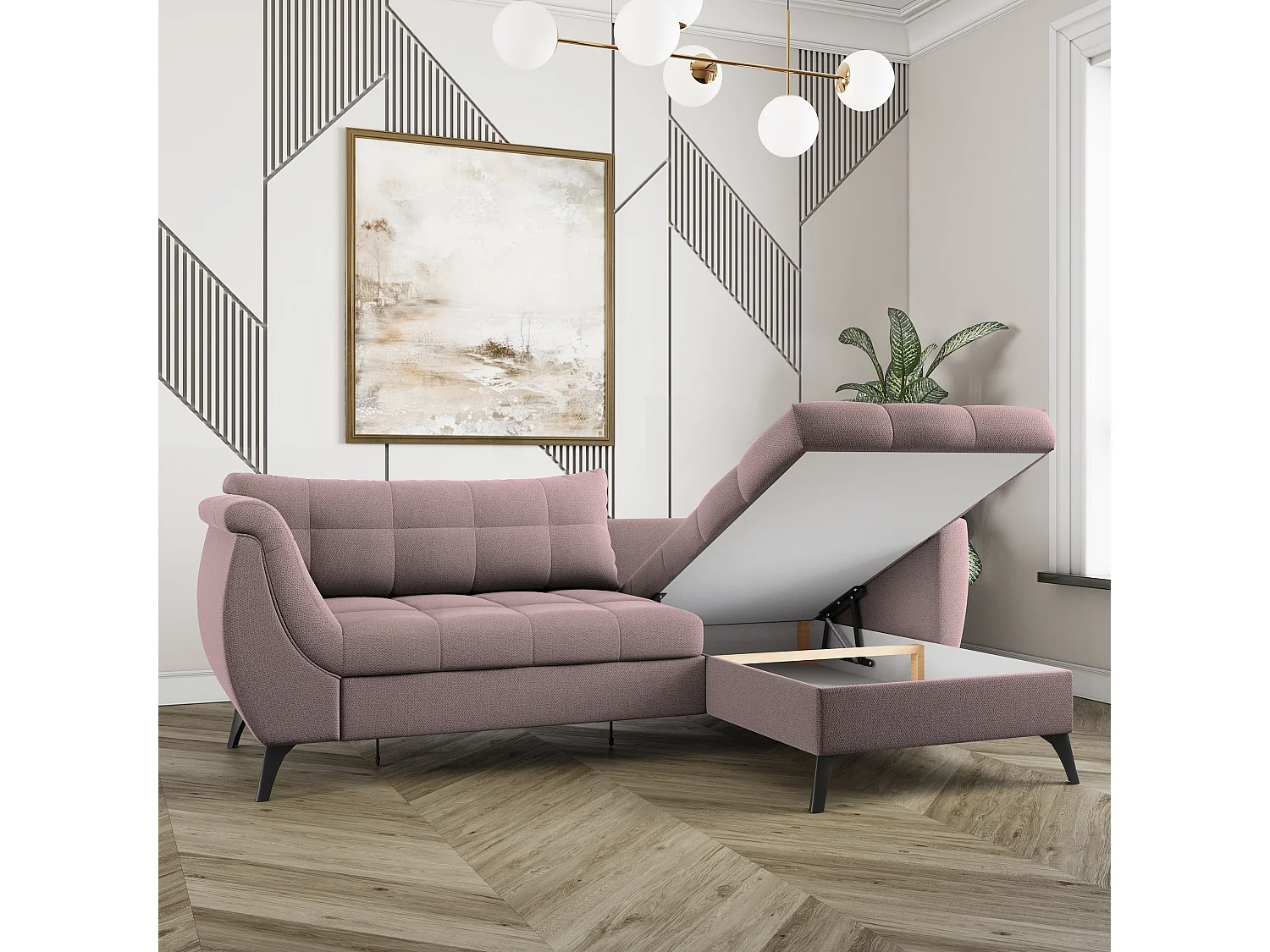 Canapé d'angle MOLLIS Rose poudré en tissu texturé avec fonction de couchage