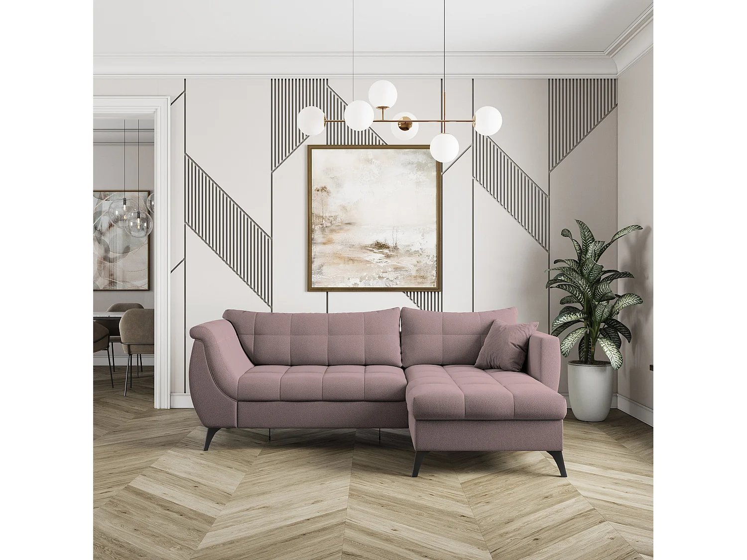 Canapé d'angle MOLLIS Rose poudré en tissu texturé avec fonction de couchage