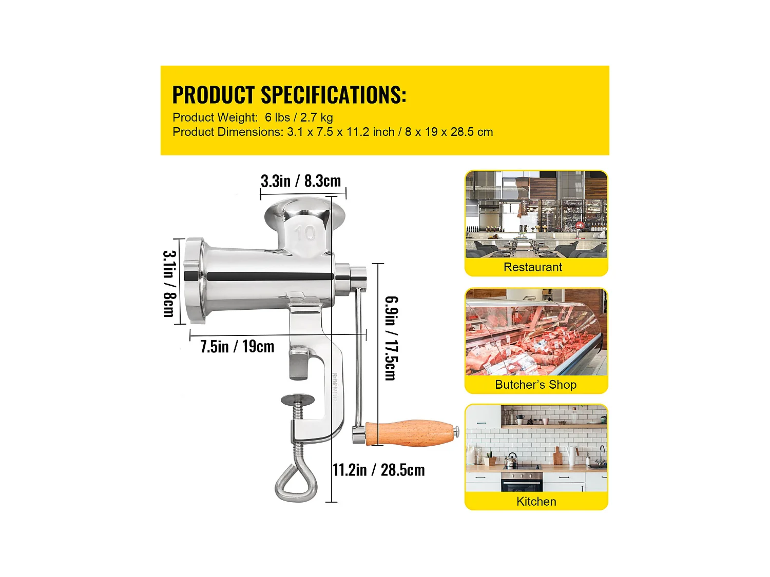 Hachoir à Viande Manuel Robuste Succebuy - Acier Inoxydable avec Remplisseur de Saucisses et Pince