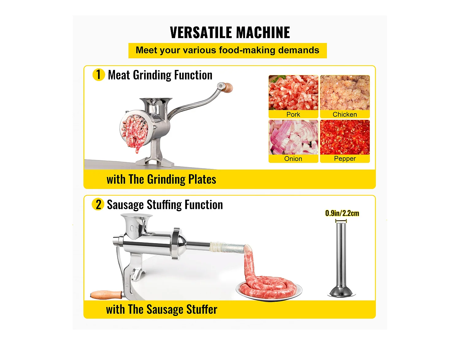 Hachoir à Viande Manuel Robuste Succebuy - Acier Inoxydable avec Remplisseur de Saucisses et Pince