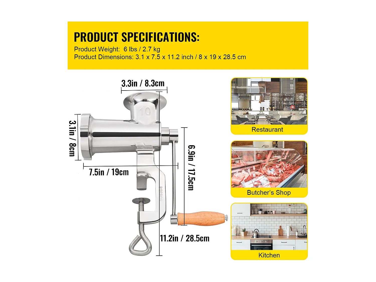 Hachoir à Viande Manuel Robuste Succebuy - Acier Inoxydable avec Remplisseur de Saucisses et Pince