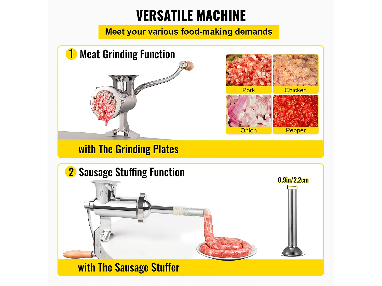 Hachoir à Viande Manuel Robuste Succebuy - Acier Inoxydable avec Remplisseur de Saucisses et Pince