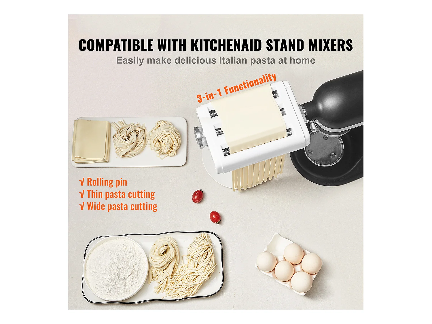 Rouleau à Pâtes SucceBuy Accessoire pour Pâtes 3 en 1 pour Mixeur KitchenAid Ensemble de Coupe-rouleaux en Acier Inoxydable