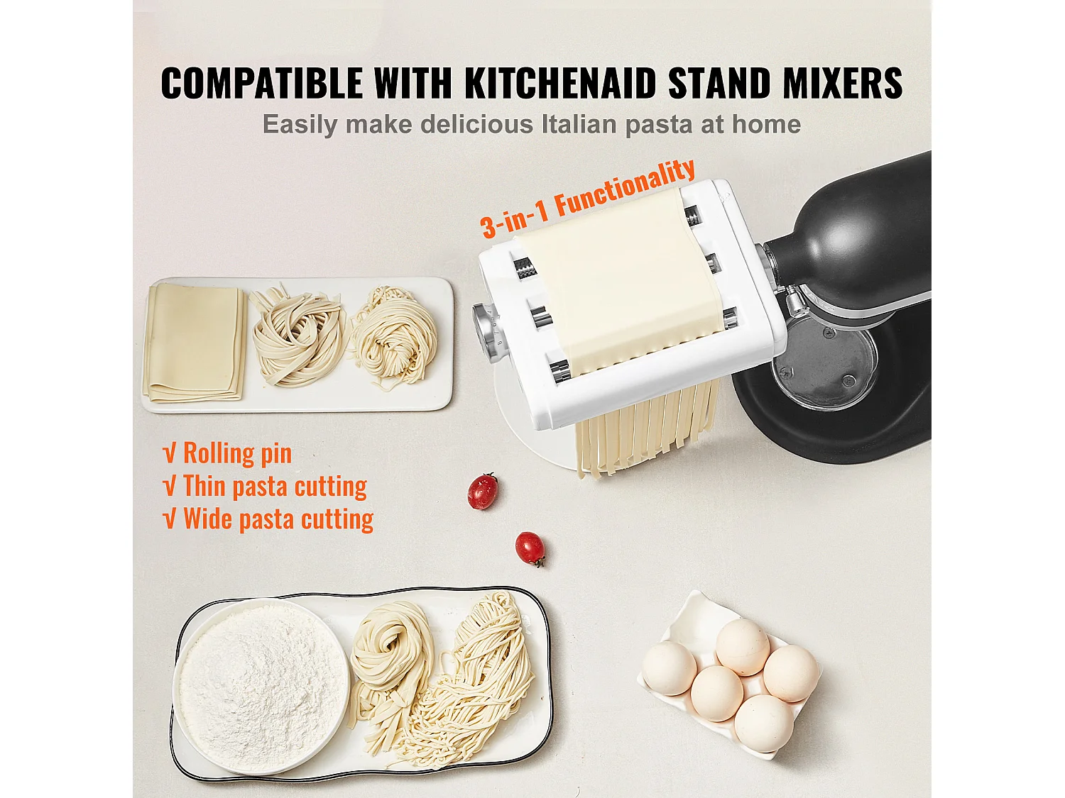 Rouleau à Pâtes SucceBuy Accessoire pour Pâtes 3 en 1 pour Mixeur KitchenAid Ensemble de Coupe-rouleaux en Acier Inoxydable