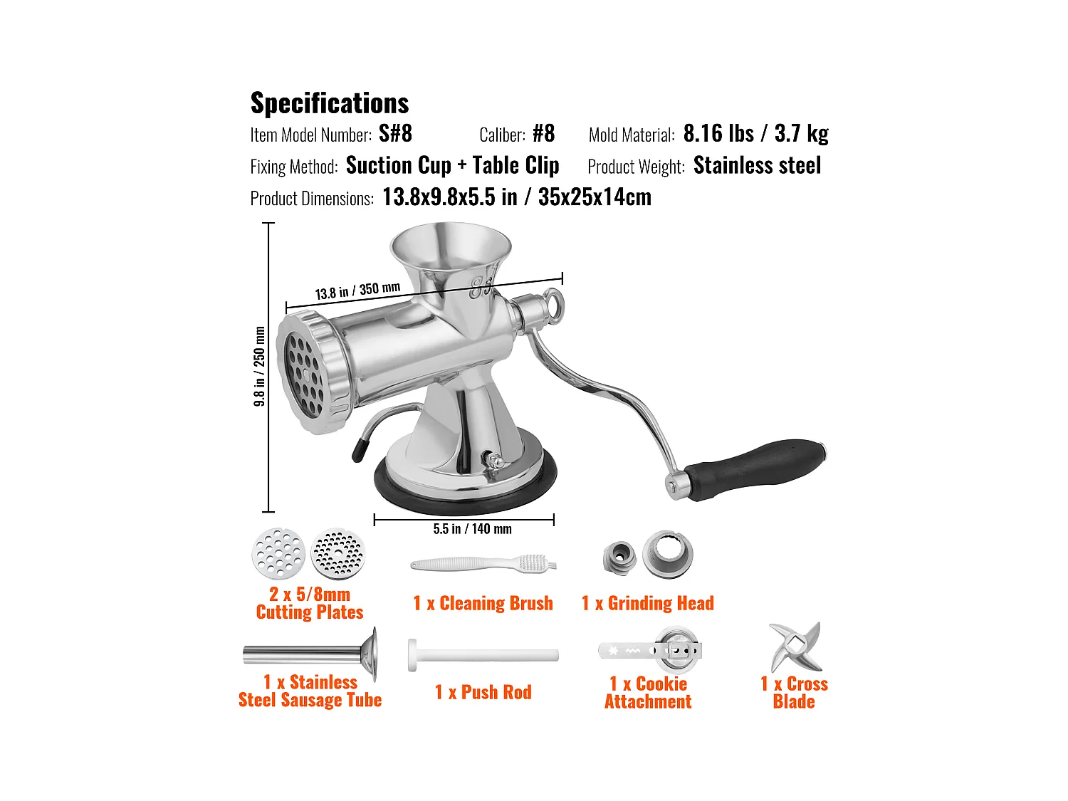 Hachoir à Viande Manuel Succebuy en Acier Inoxydable 304 avec Ventouse et Pince