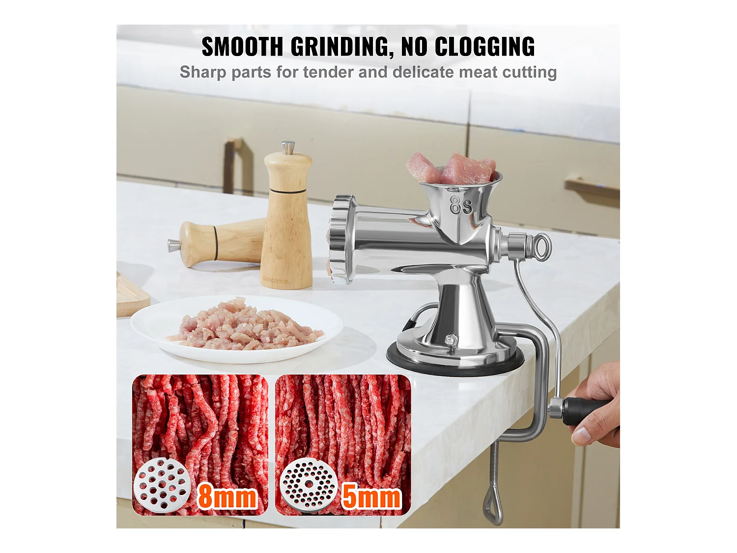 Hachoir à Viande Manuel Succebuy en Acier Inoxydable 304 avec Ventouse et Pince