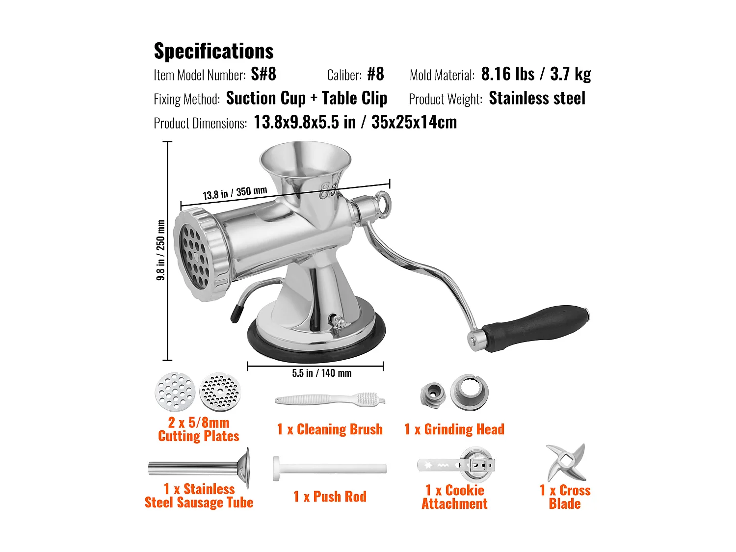 Hachoir à Viande Manuel Succebuy en Acier Inoxydable 304 avec Ventouse et Pince