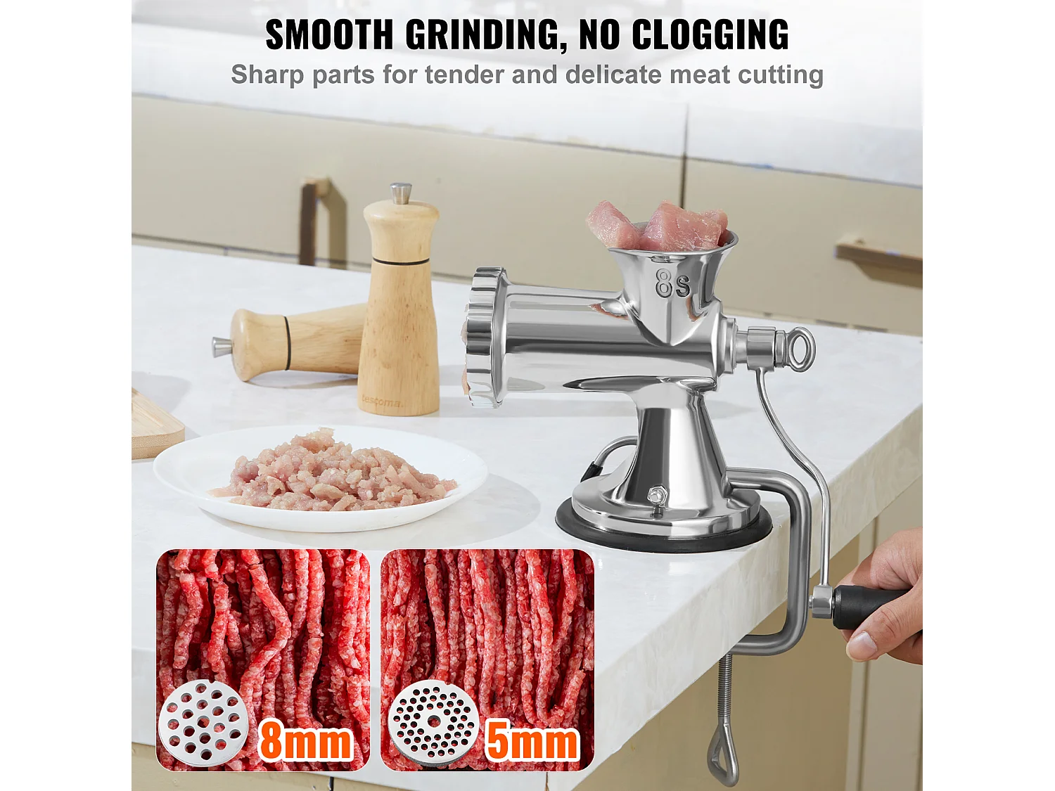 Hachoir à Viande Manuel Succebuy en Acier Inoxydable 304 avec Ventouse et Pince