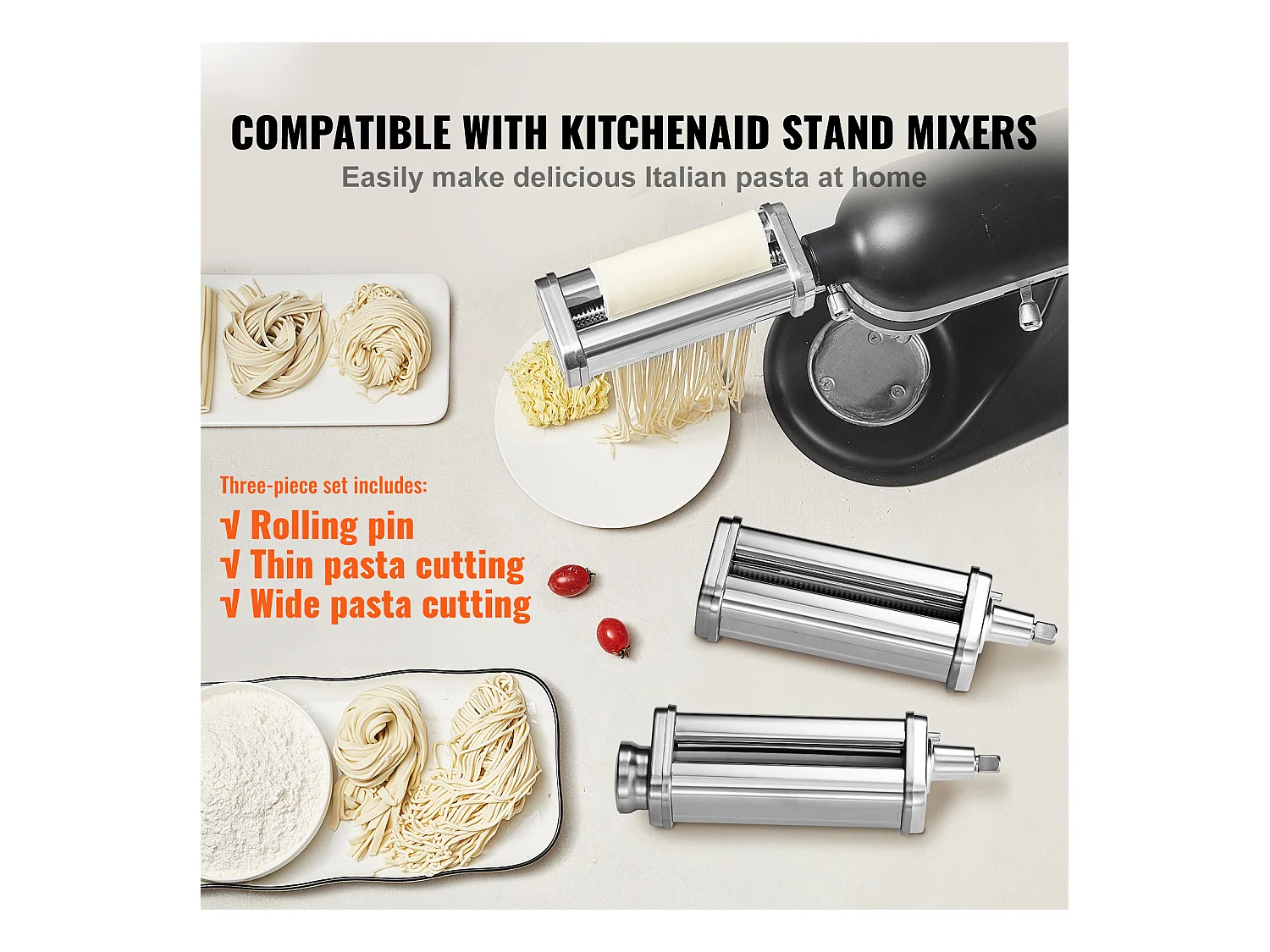Rouleau à Pâtes SucceBuy Lot de 3 Accessoires pour Pâtes pour Mixeur KitchenAid Ensemble de Coupe-pâtes à Rouleaux