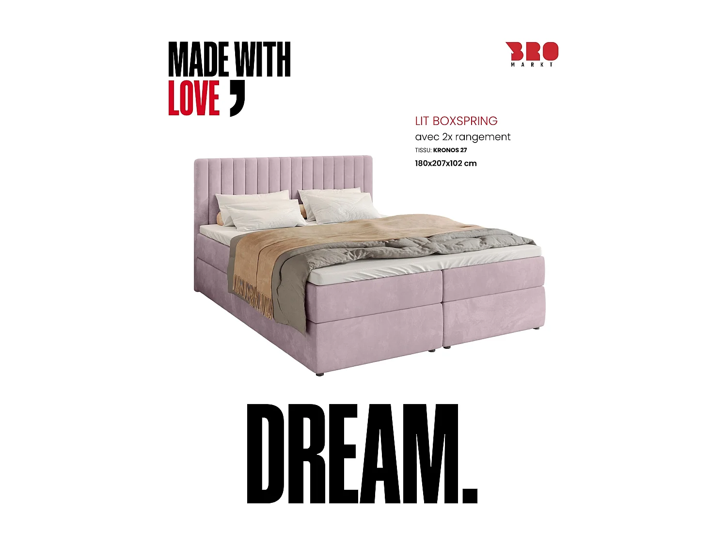 Lit boxspring avec rangement DREAM - matelas - surmatelas - rose - 180x200 cm